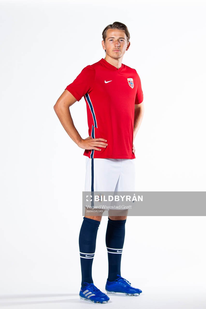 Sander Berge of the Norwegian national football team poses