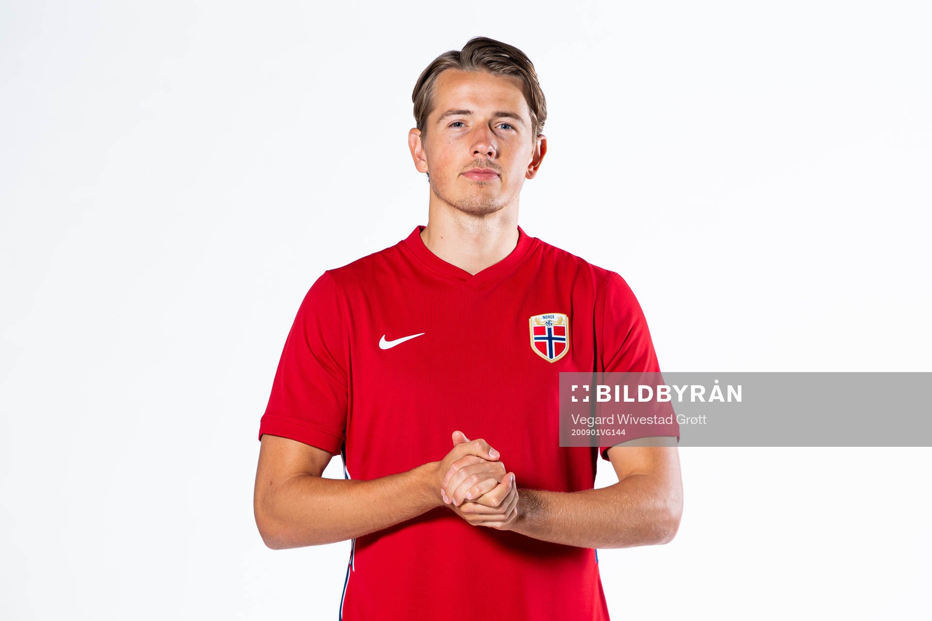 Sander Berge of the Norwegian national football team poses