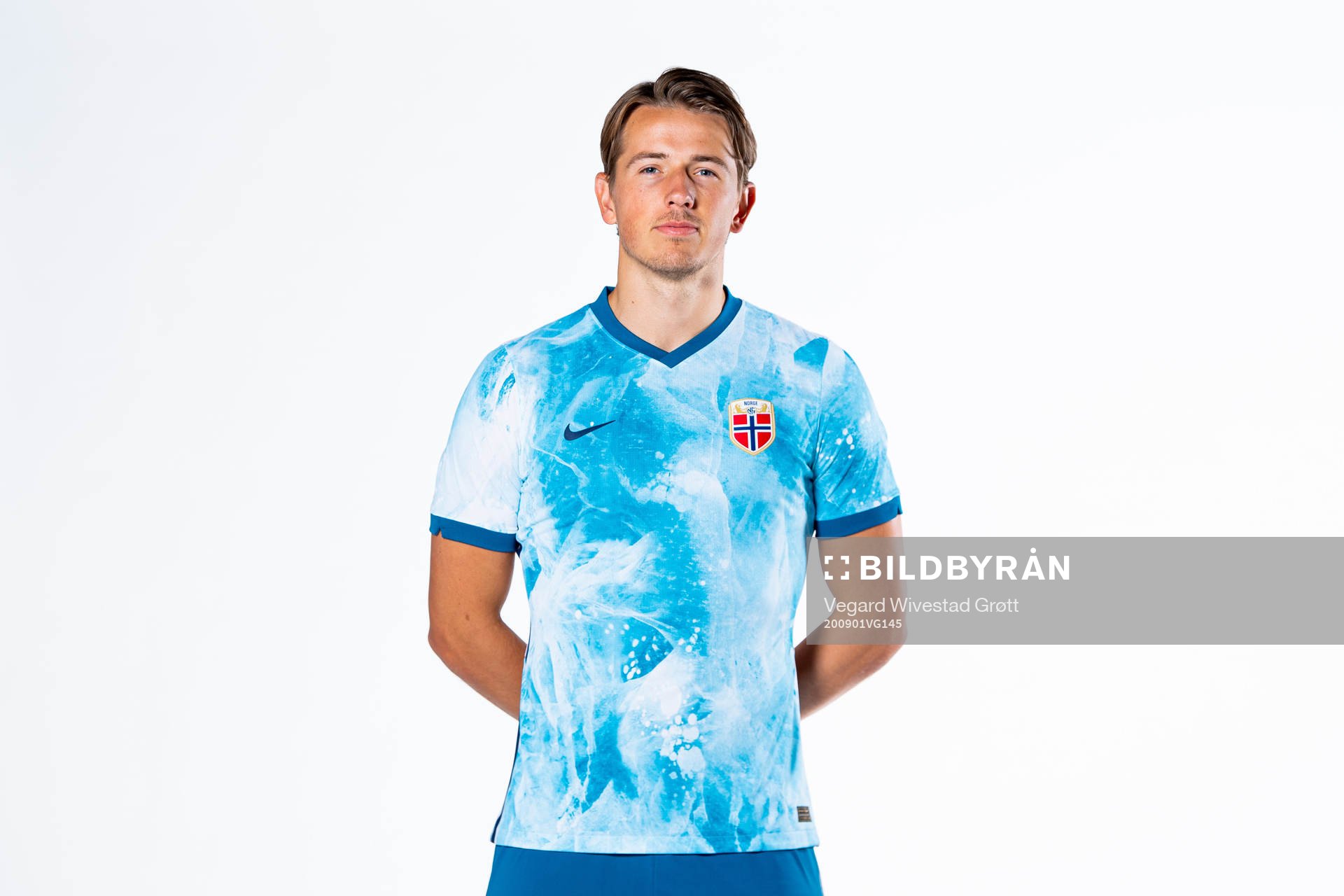 Sander Berge of the Norwegian national football team poses