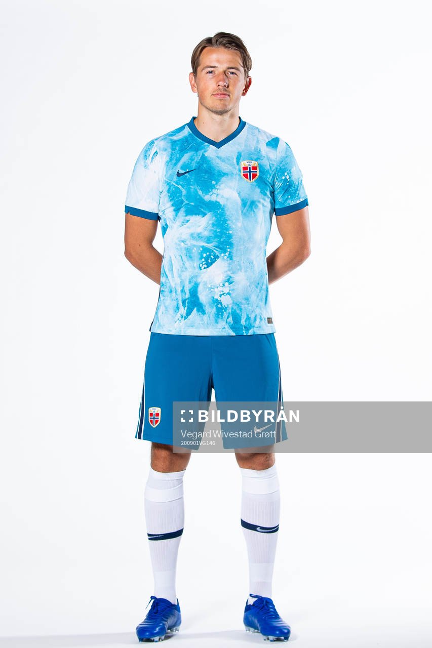 Sander Berge of the Norwegian national football team poses