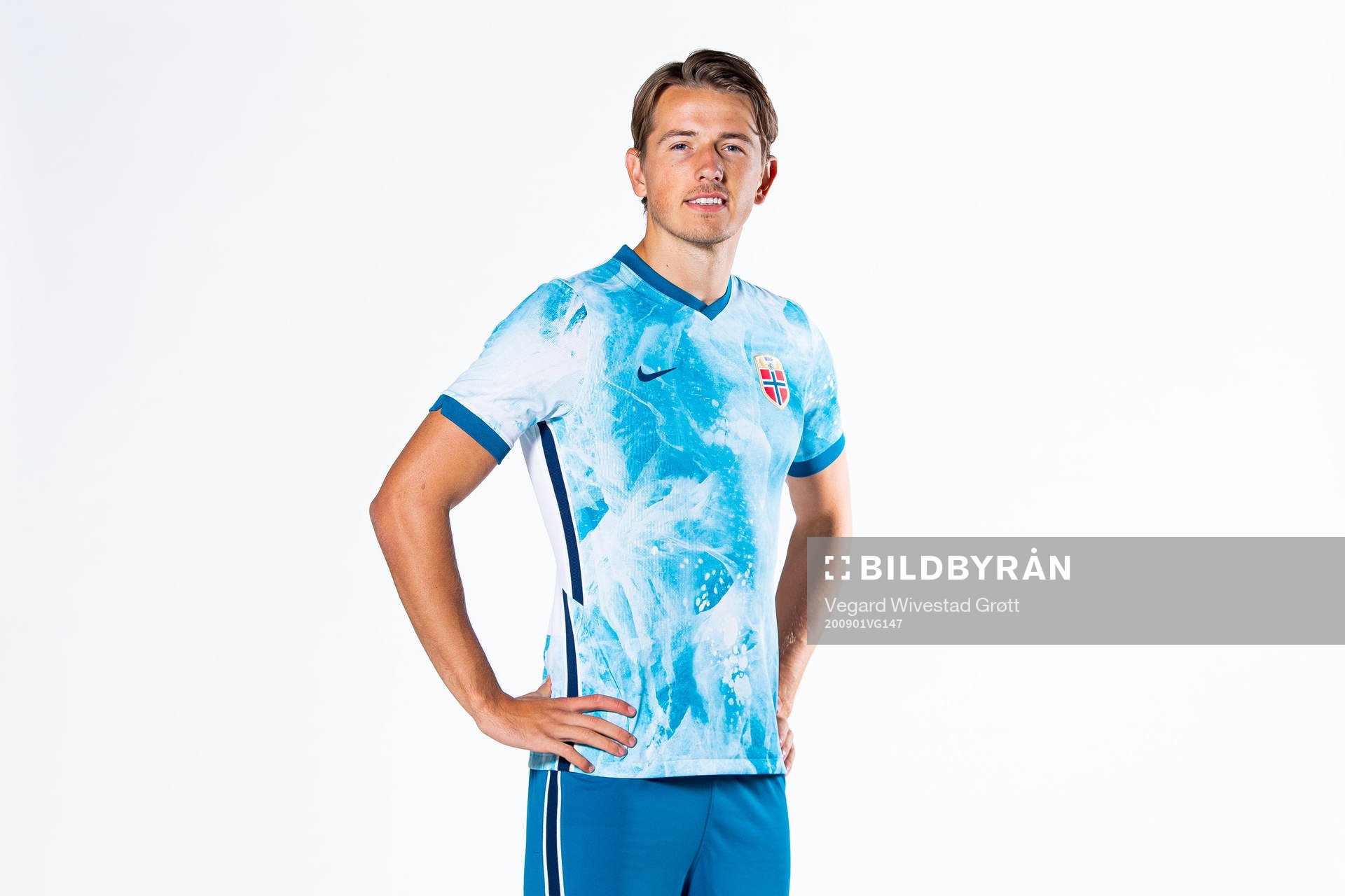 Sander Berge of the Norwegian national football team poses
