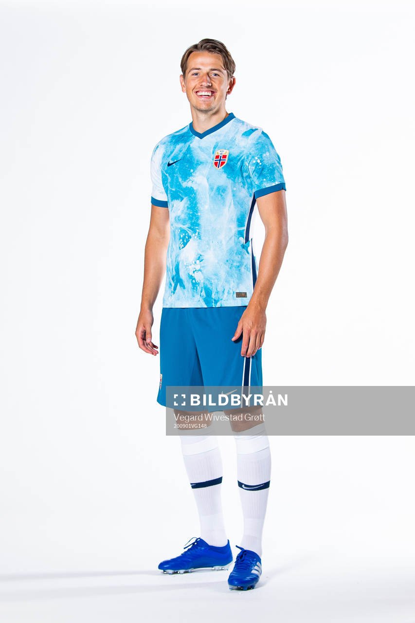 Sander Berge of the Norwegian national football team poses