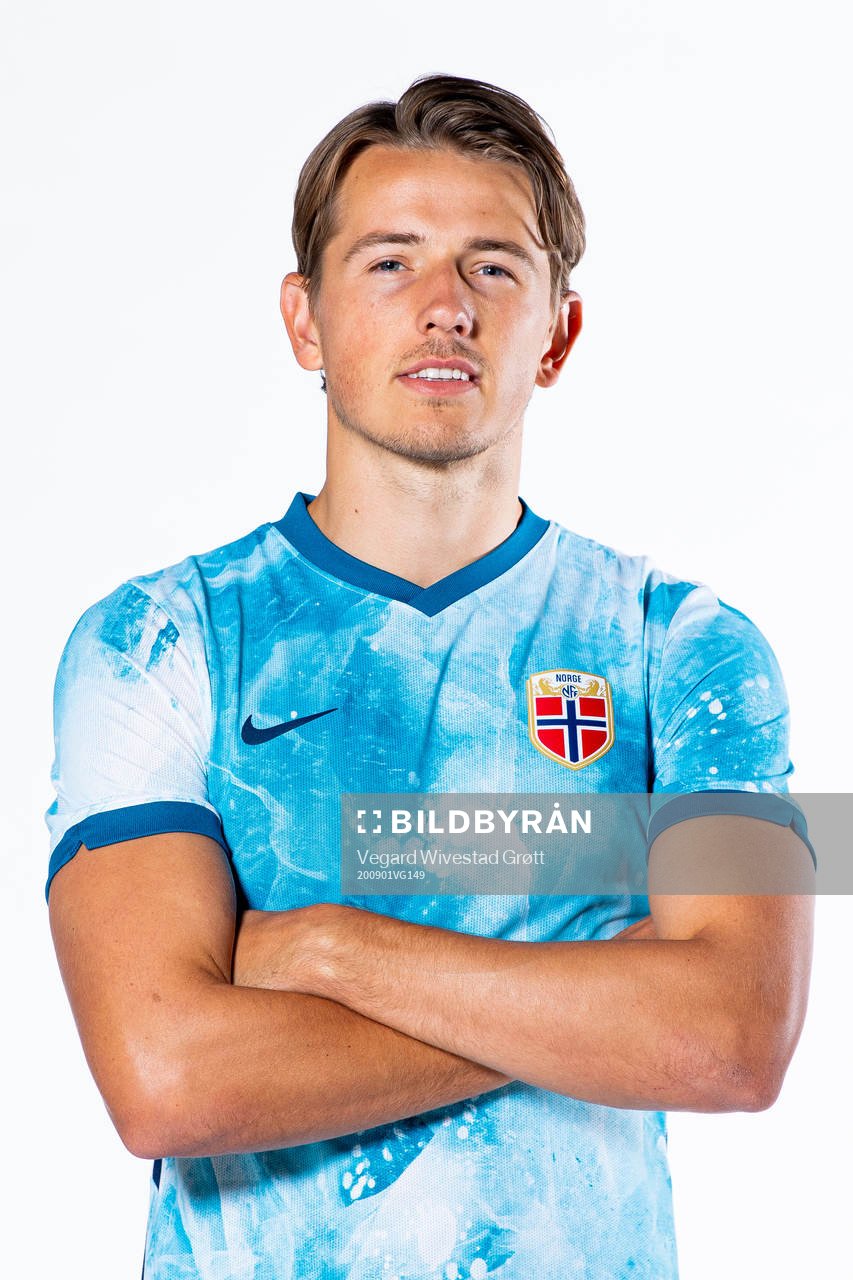 Sander Berge of the Norwegian national football team poses