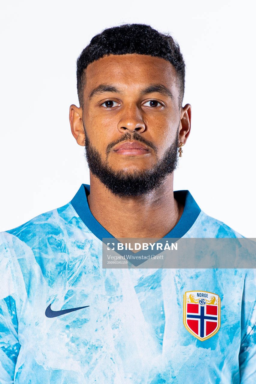Joshua King of the Norwegian national football team poses