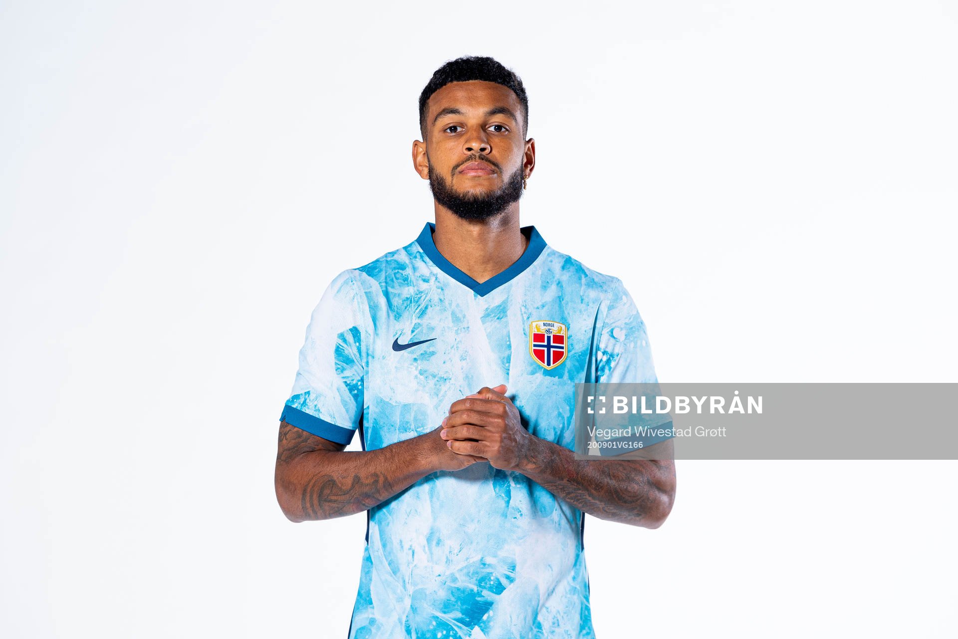 Joshua King of the Norwegian national football team poses