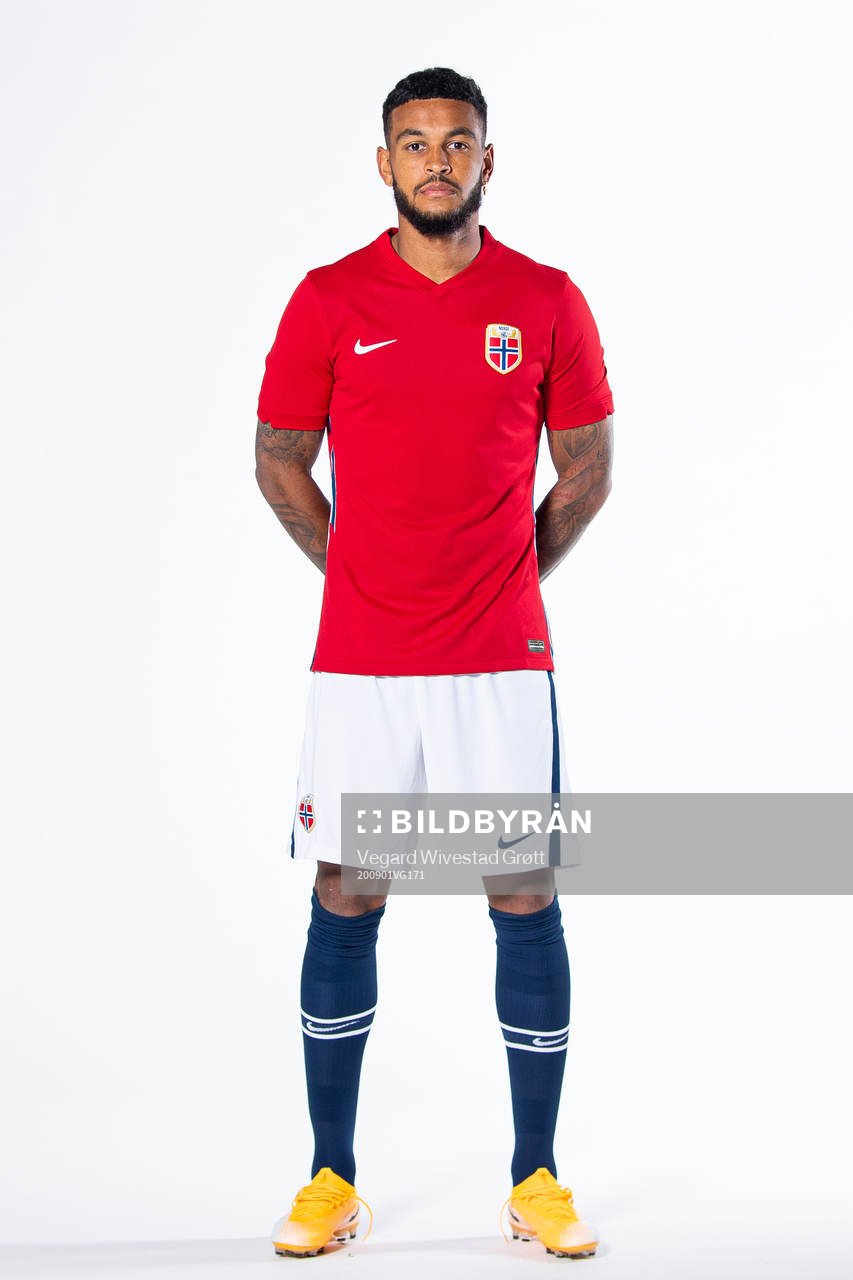 Joshua King of the Norwegian national football team poses