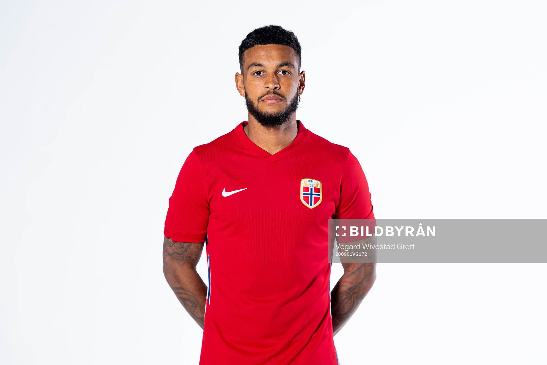 Joshua King of the Norwegian national football team poses
