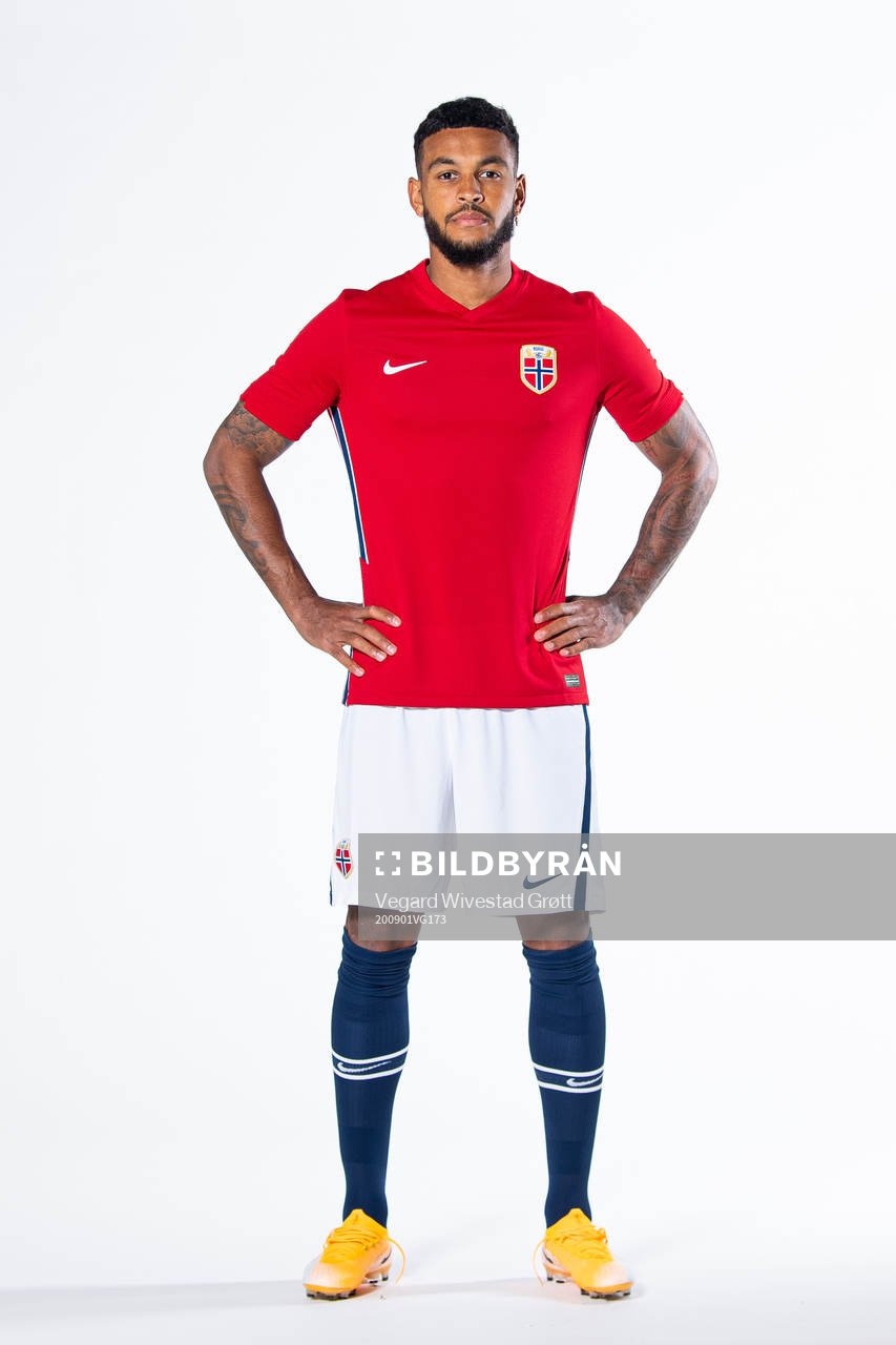 Joshua King of the Norwegian national football team poses
