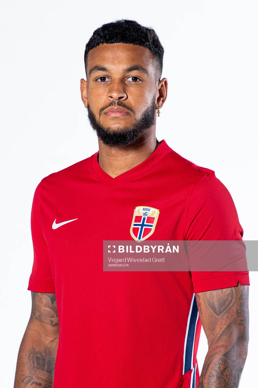 Joshua King of the Norwegian national football team poses