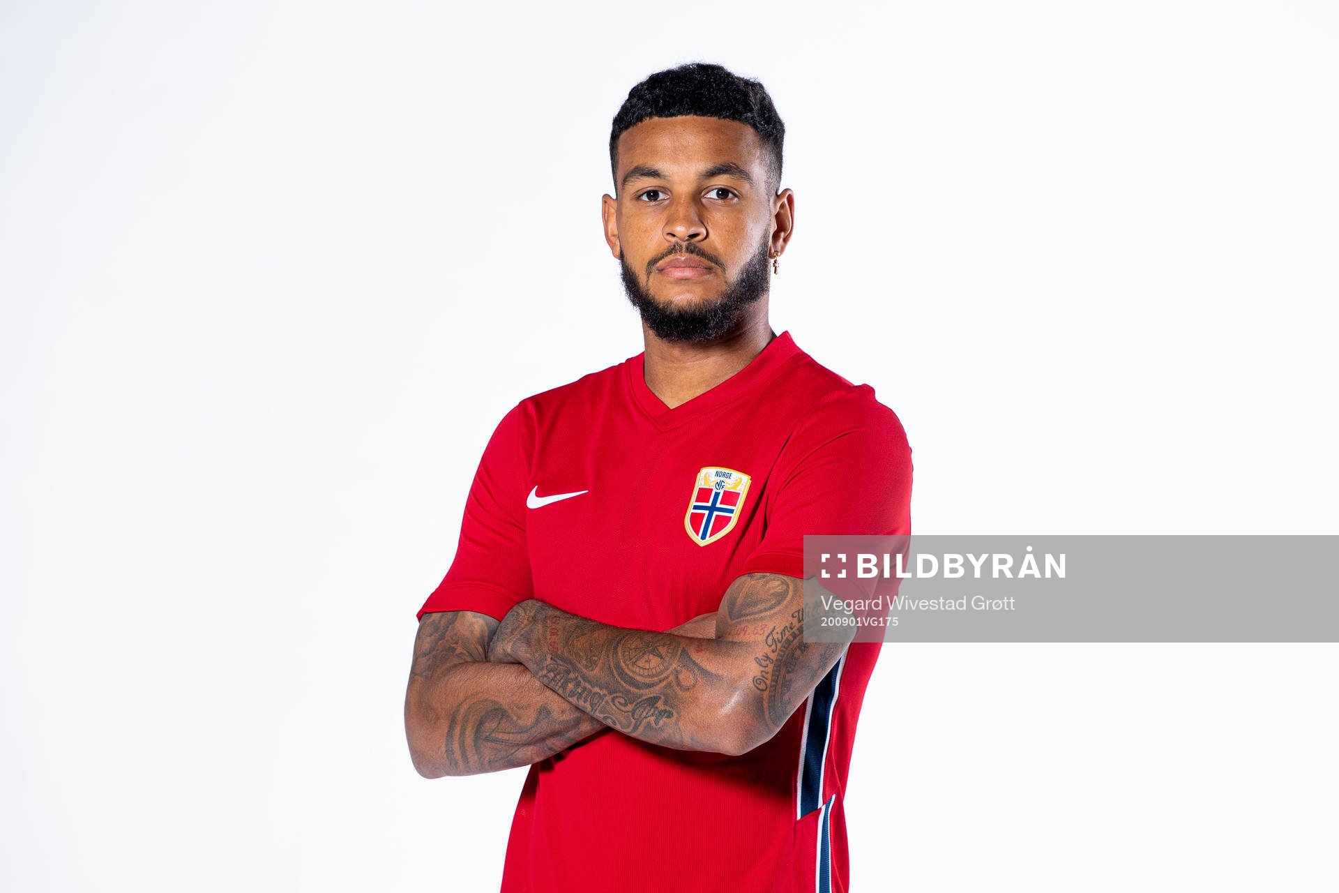 Joshua King of the Norwegian national football team poses