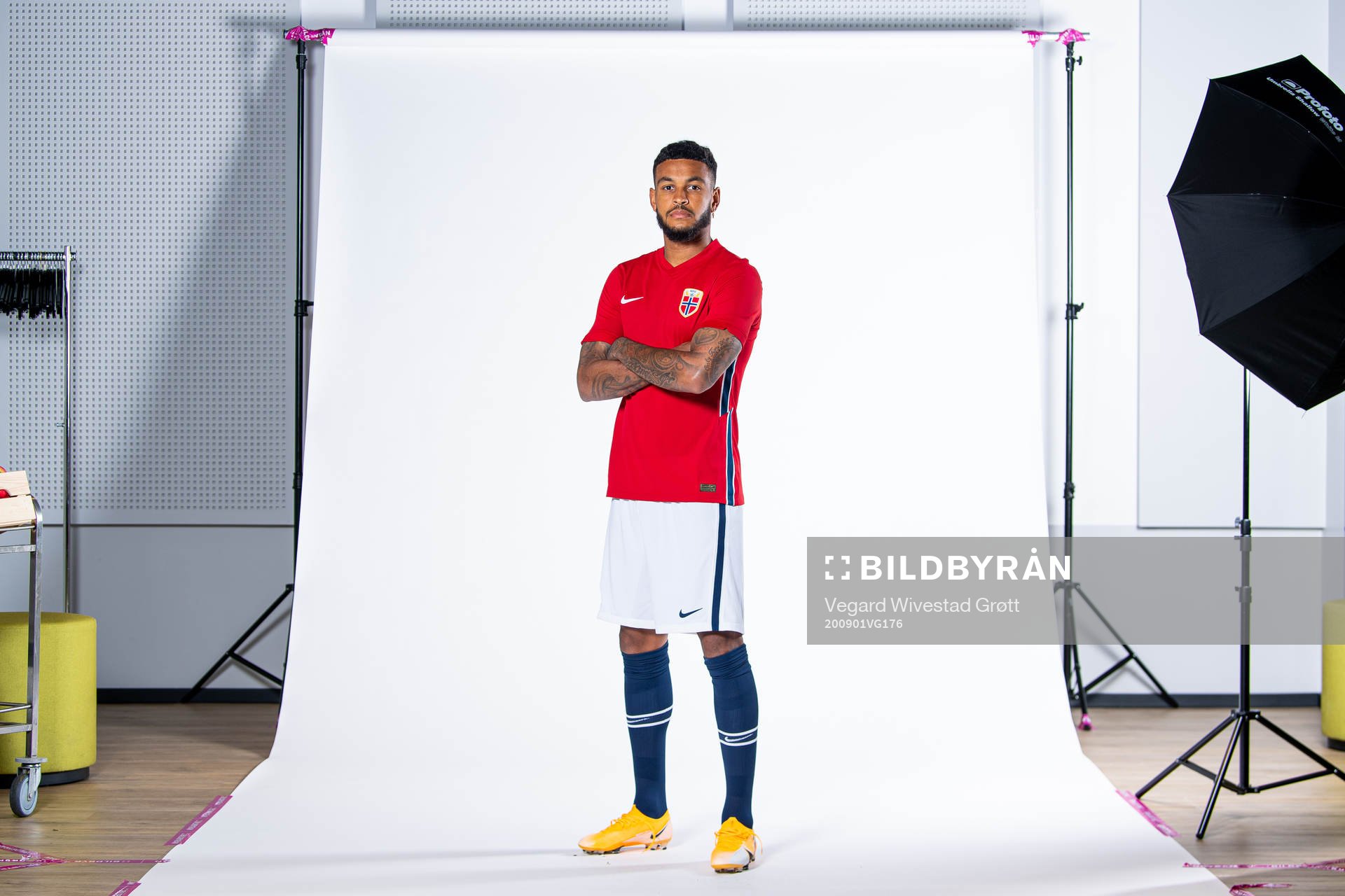 Joshua King of the Norwegian national football team poses