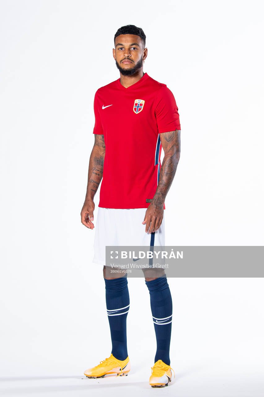 Joshua King of the Norwegian national football team poses