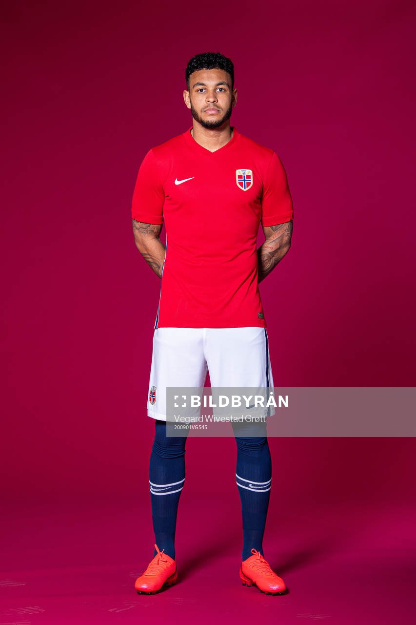 Joshua King of the Norwegian national football team poses