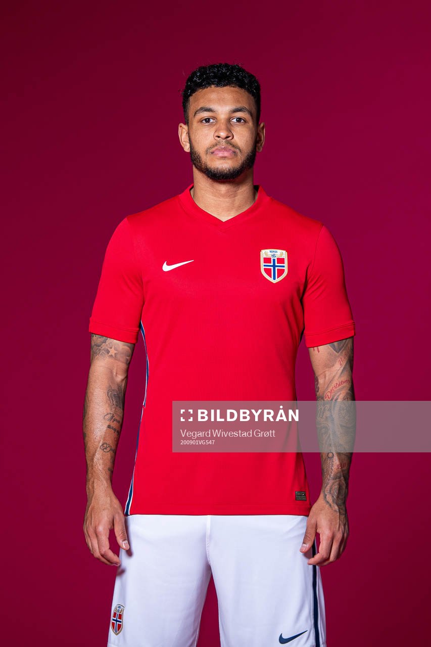 Joshua King of the Norwegian national football team poses
