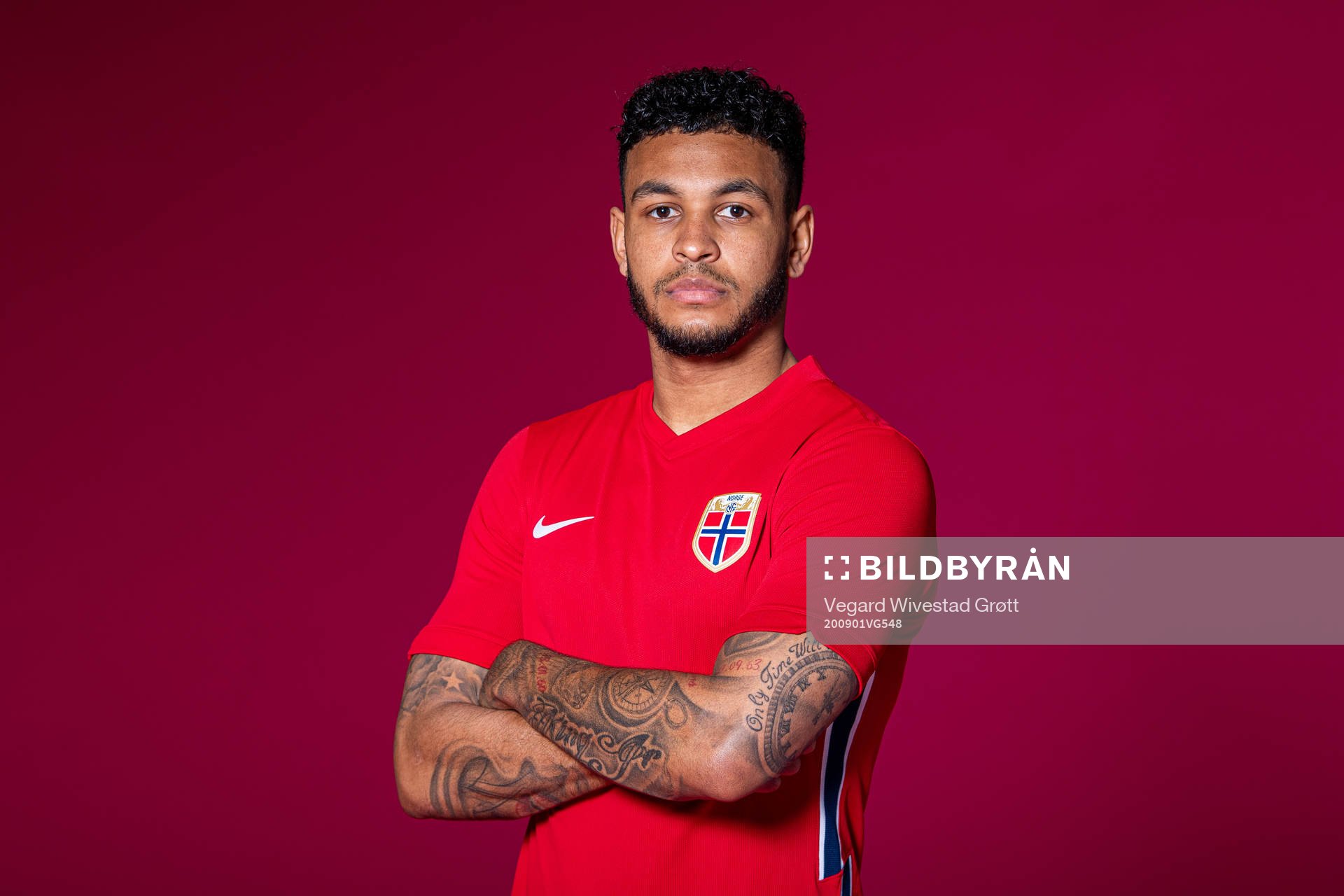 Joshua King of the Norwegian national football team poses