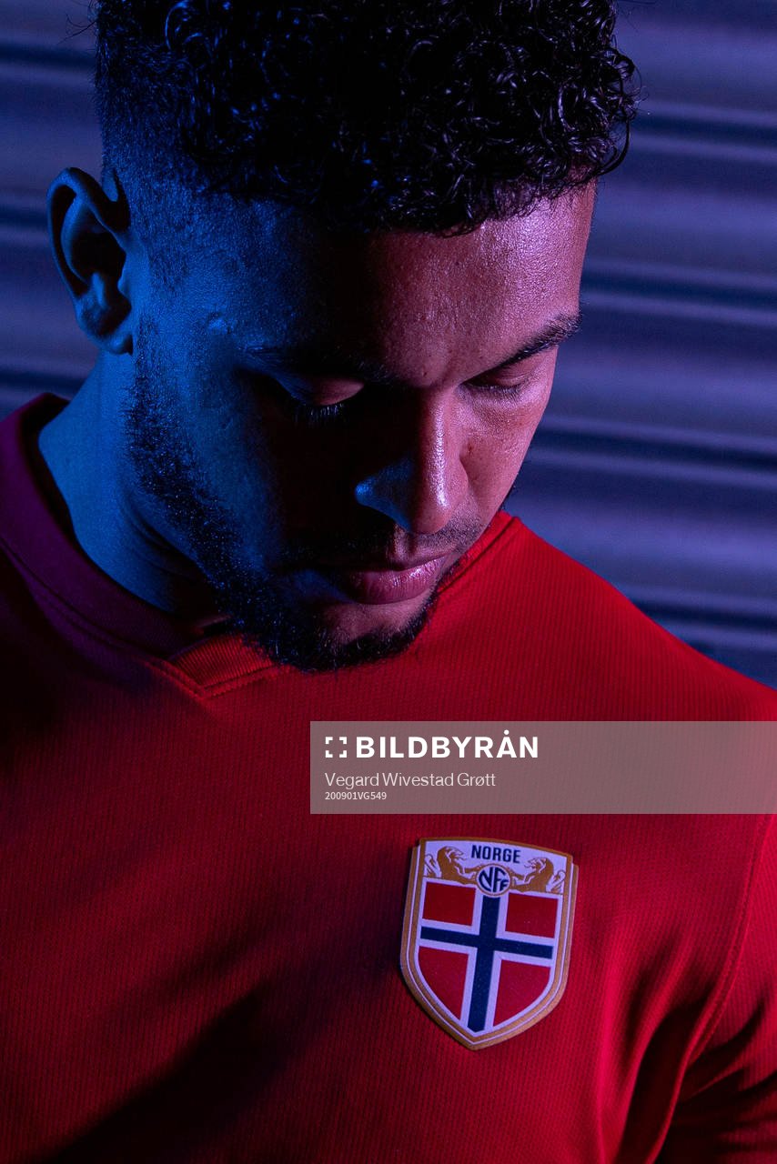 Joshua King of the Norwegian national football team poses