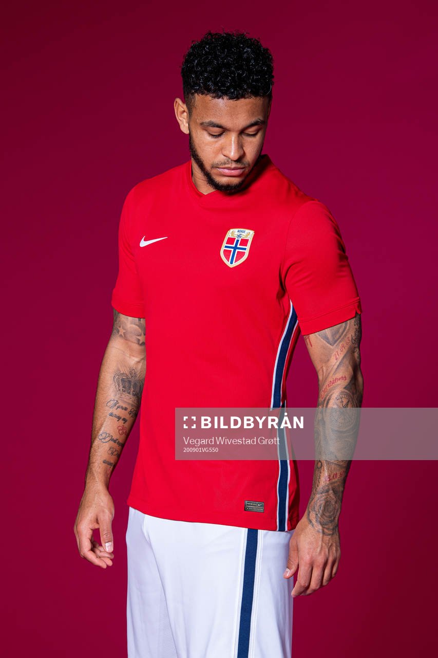 Joshua King of the Norwegian national football team poses