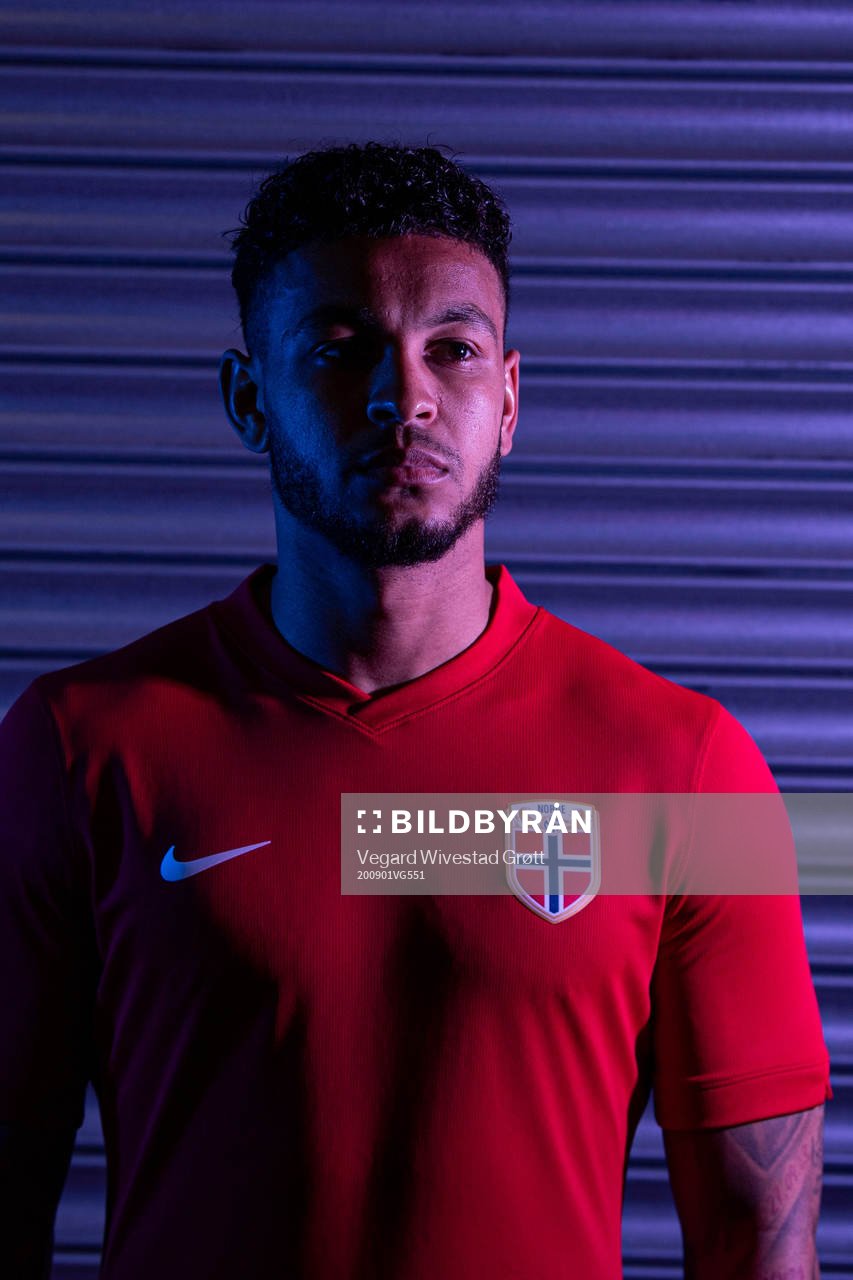 Joshua King of the Norwegian national football team poses