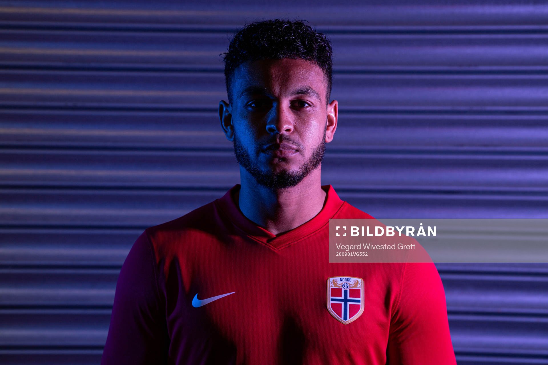 Joshua King of the Norwegian national football team poses