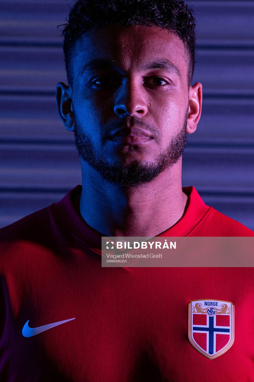 Joshua King of the Norwegian national football team poses