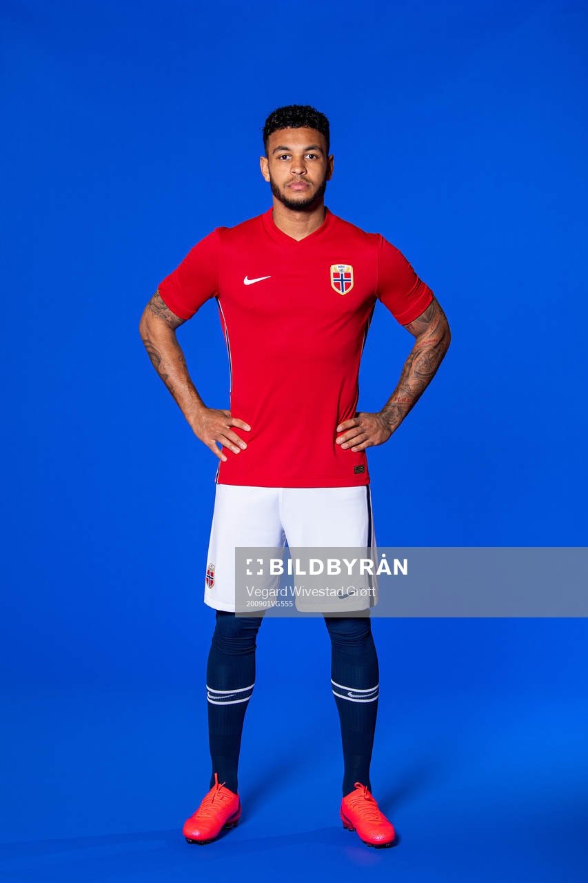 Joshua King of the Norwegian national football team poses