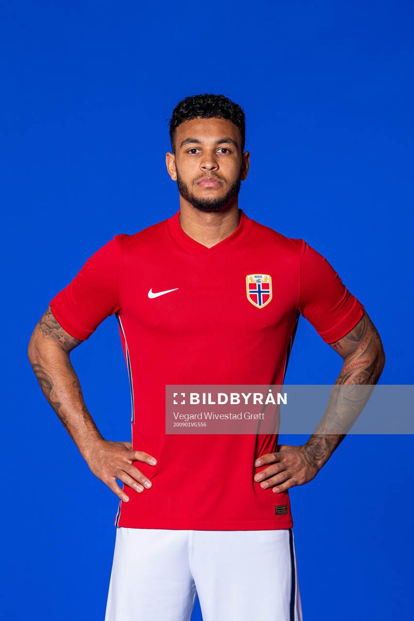 Joshua King of the Norwegian national football team poses