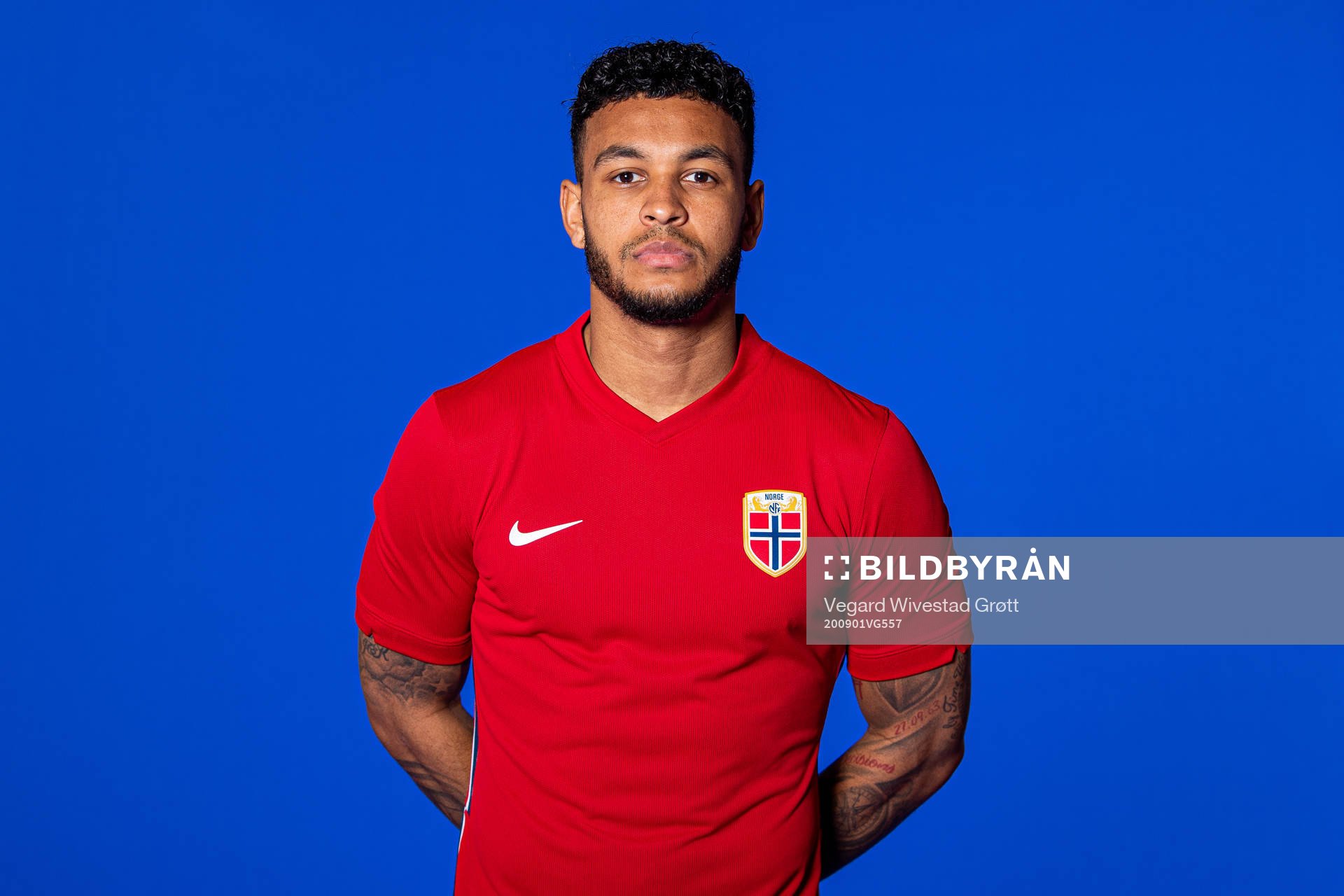 Joshua King of the Norwegian national football team poses