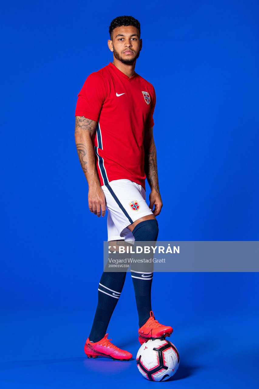 Joshua King of the Norwegian national football team poses