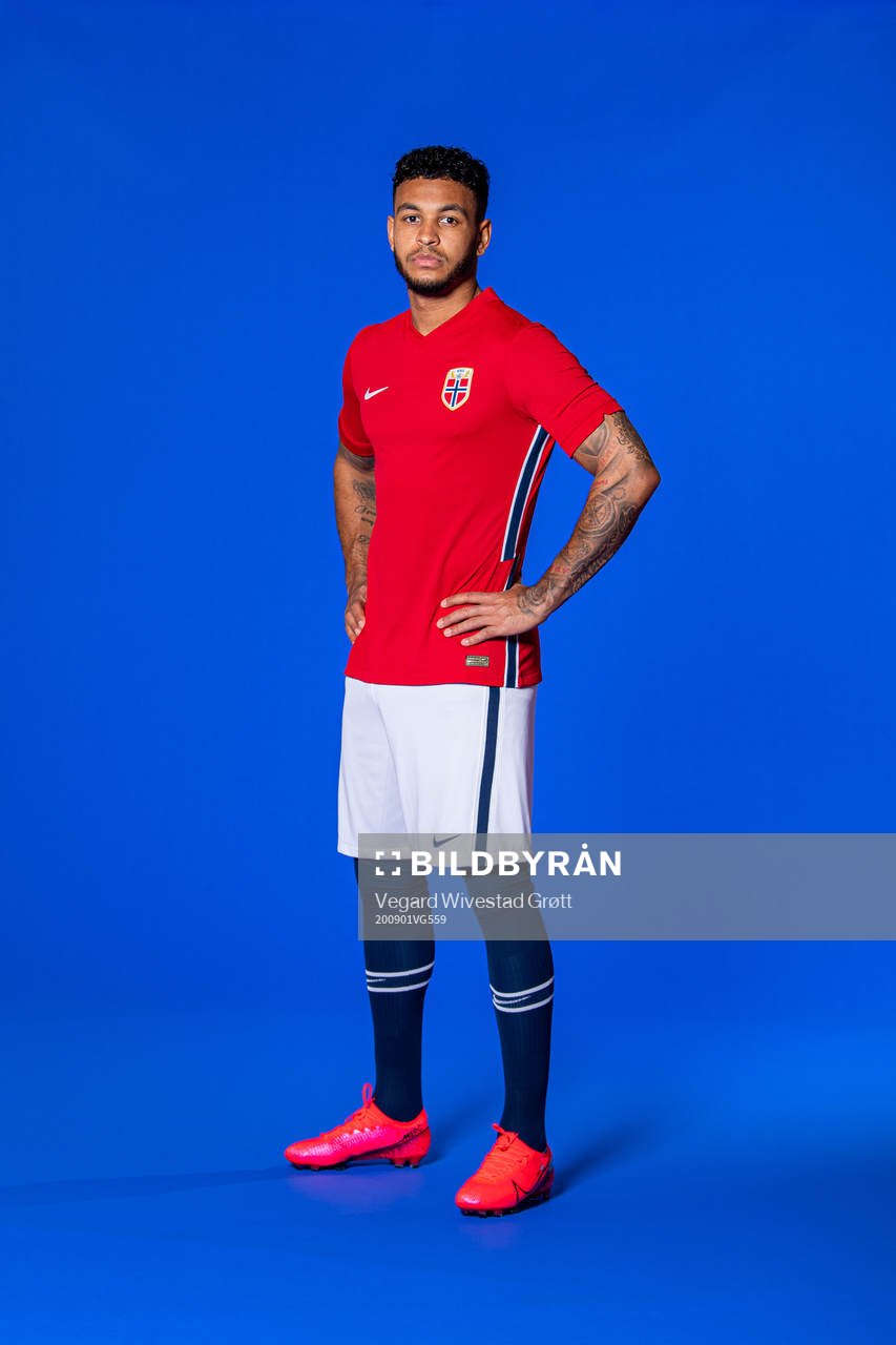 Joshua King of the Norwegian national football team poses