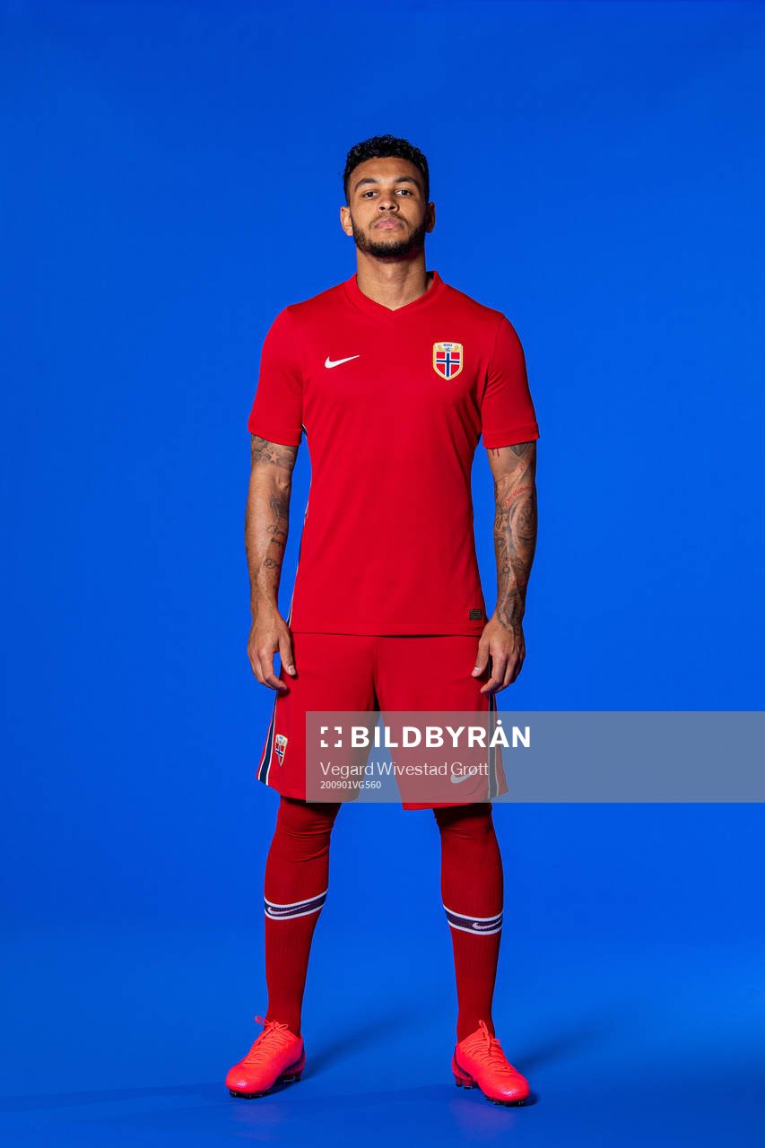 Joshua King of the Norwegian national football team poses