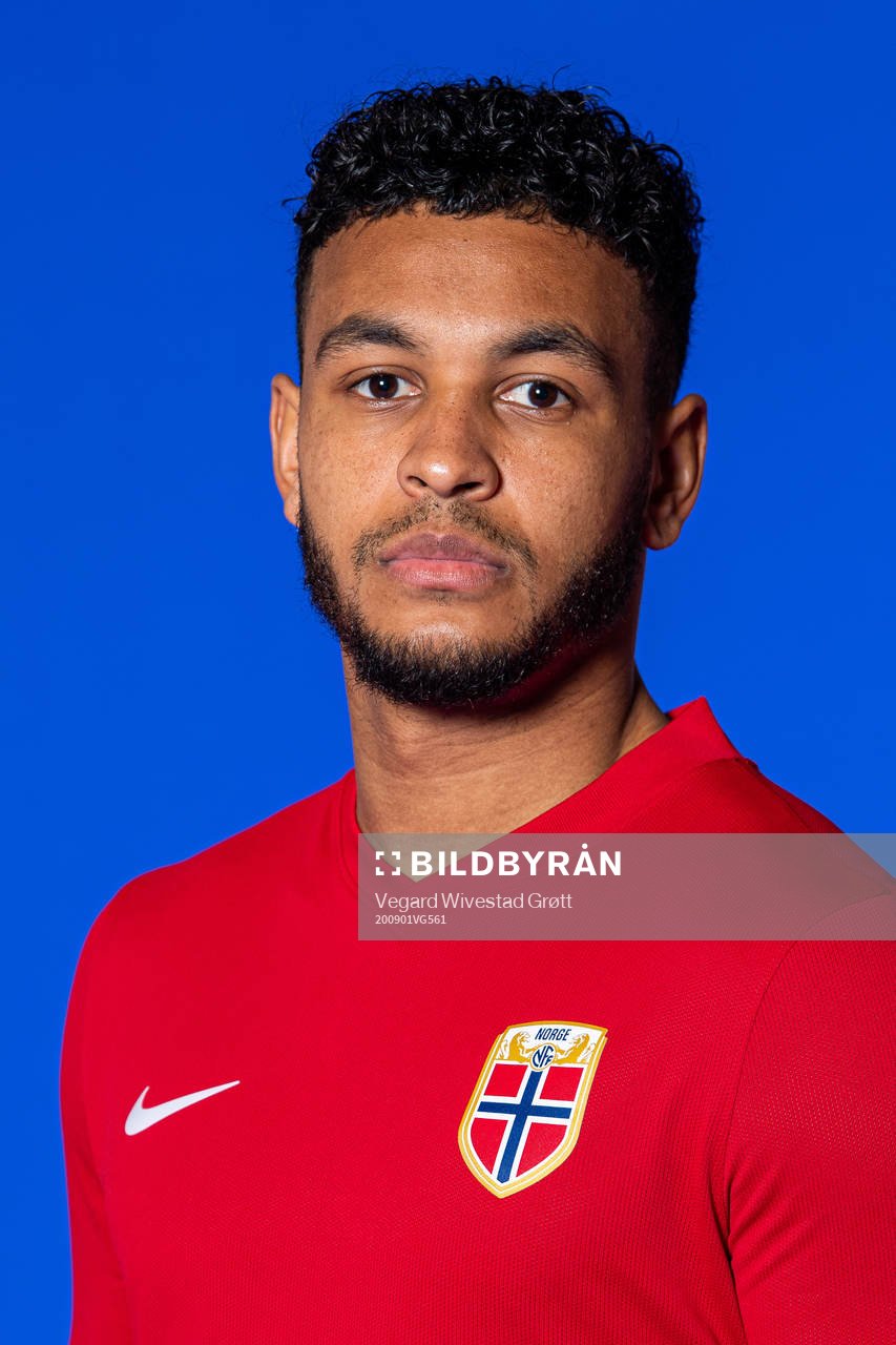 Joshua King of the Norwegian national football team poses
