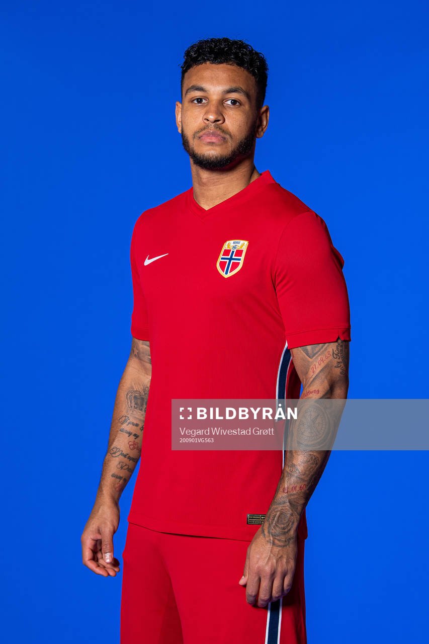 Joshua King of the Norwegian national football team poses