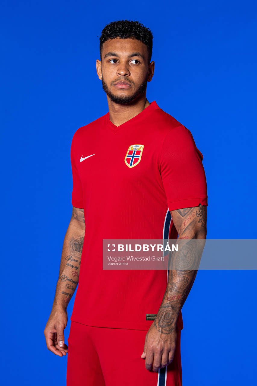 Joshua King of the Norwegian national football team poses
