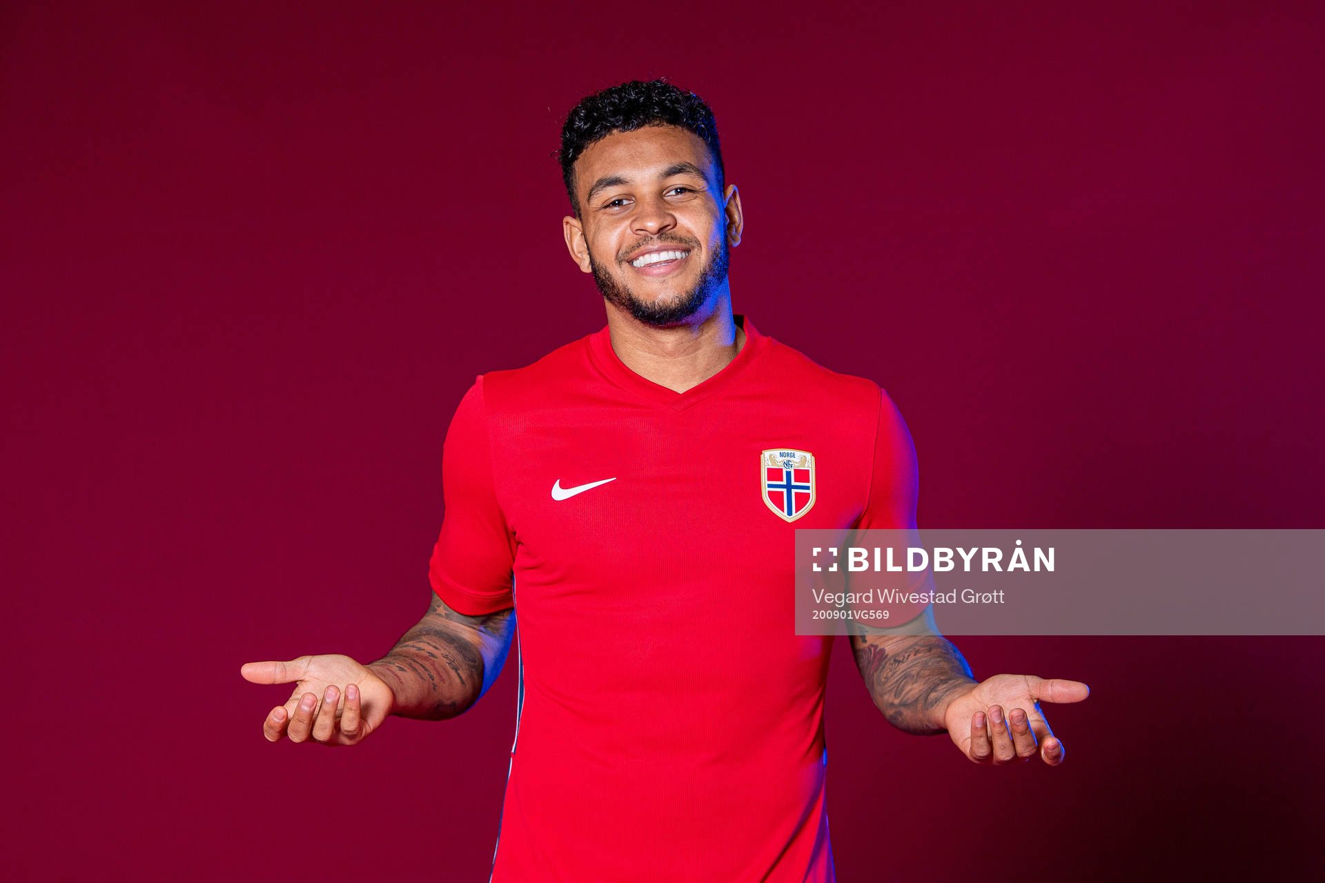 Joshua King of the Norwegian national football team poses