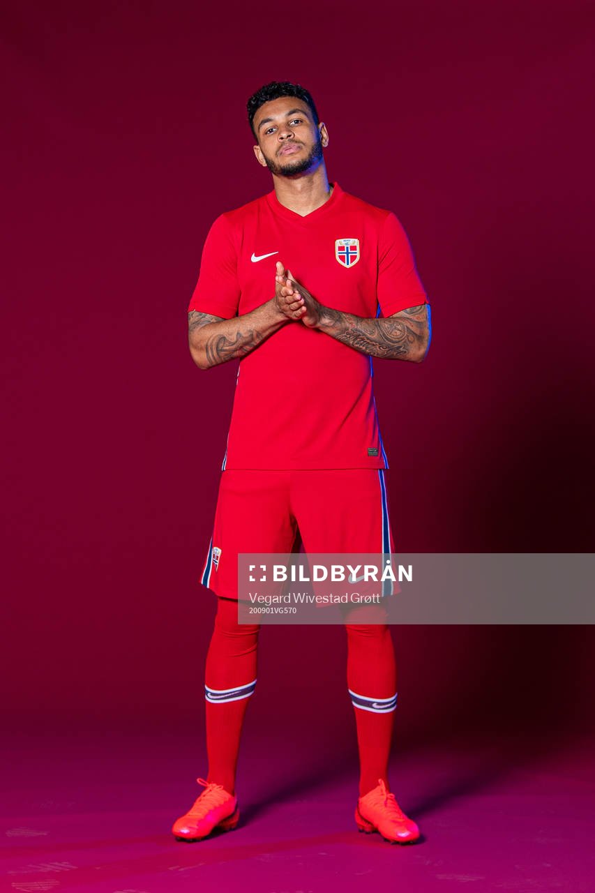 Joshua King of the Norwegian national football team poses