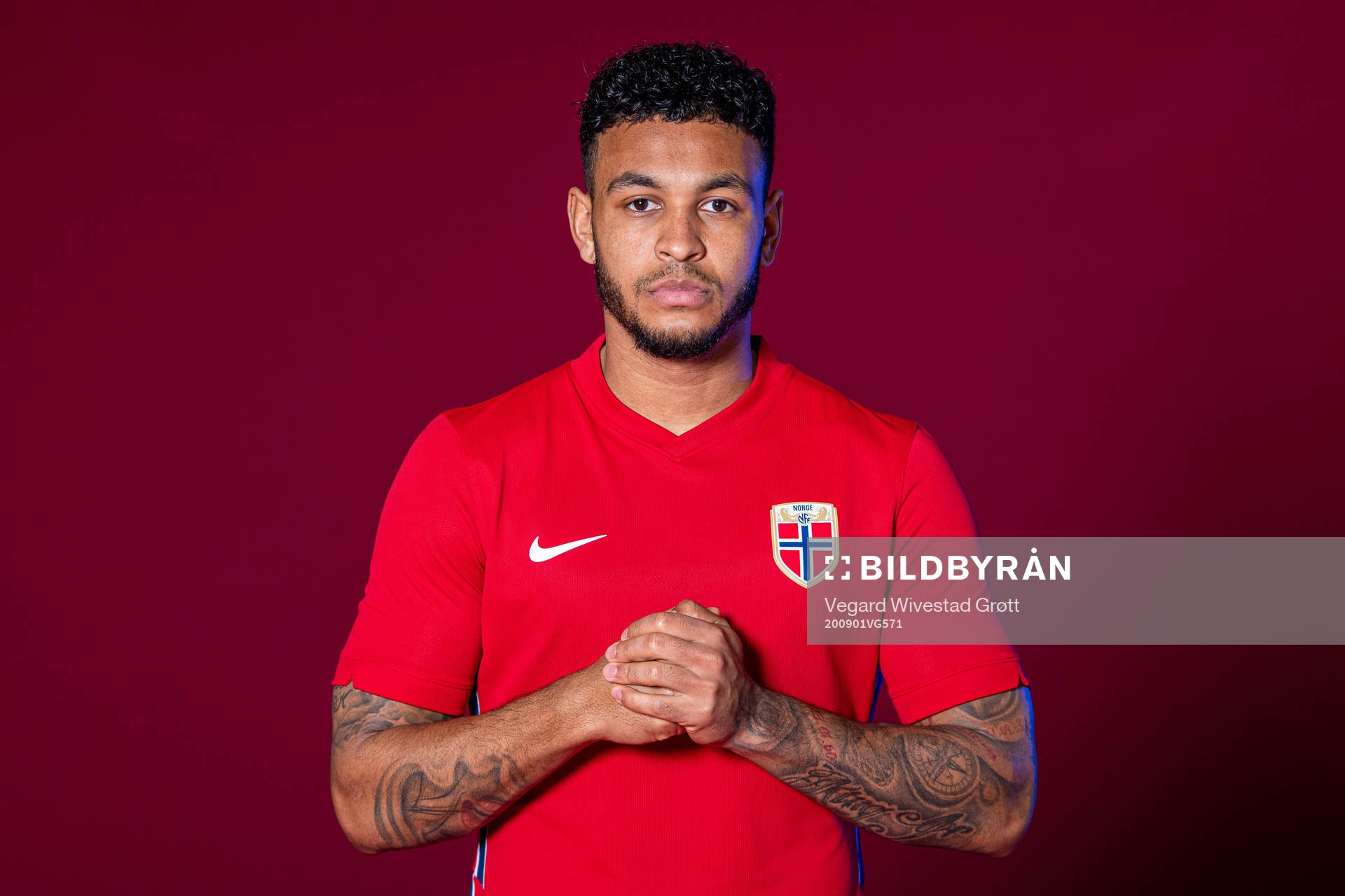 Joshua King of the Norwegian national football team poses