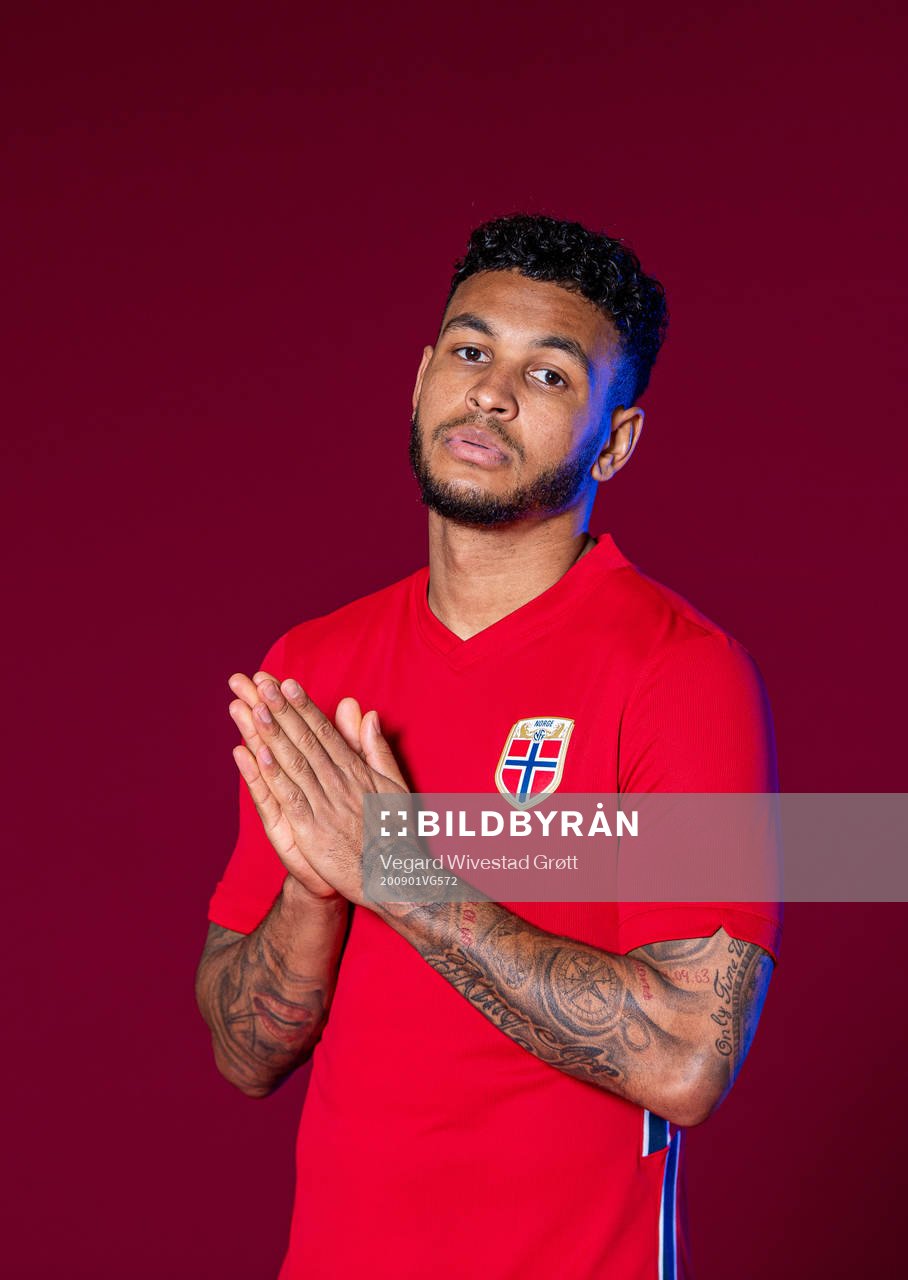 Joshua King of the Norwegian national football team poses