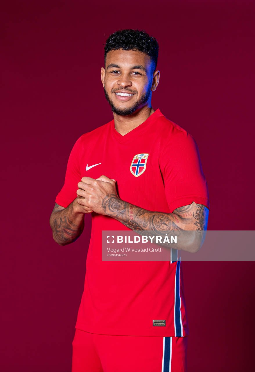 Joshua King of the Norwegian national football team poses
