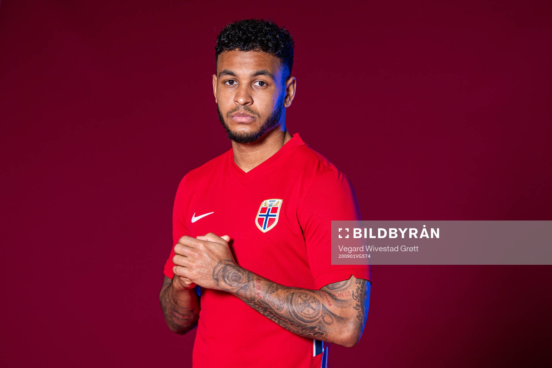 Joshua King of the Norwegian national football team poses