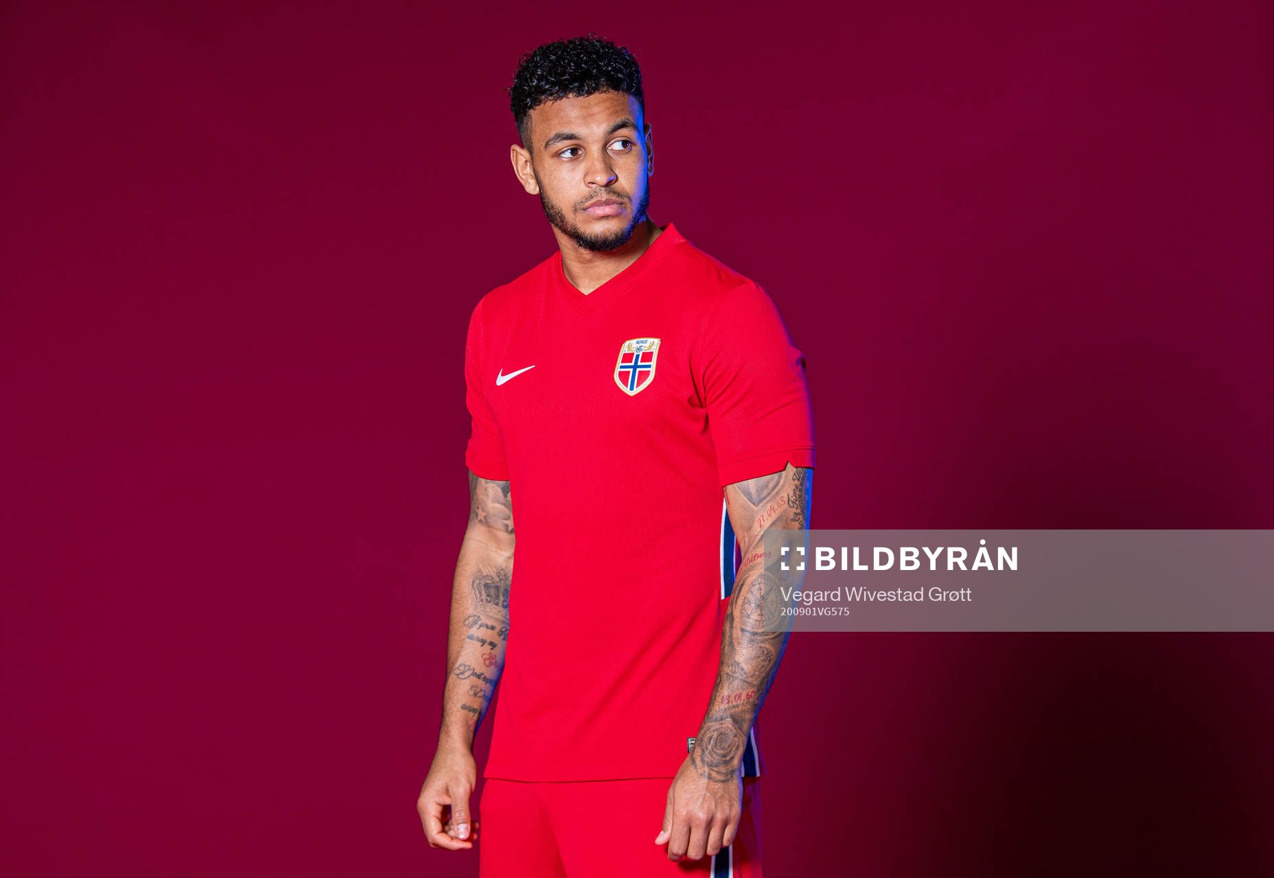 Joshua King of the Norwegian national football team poses