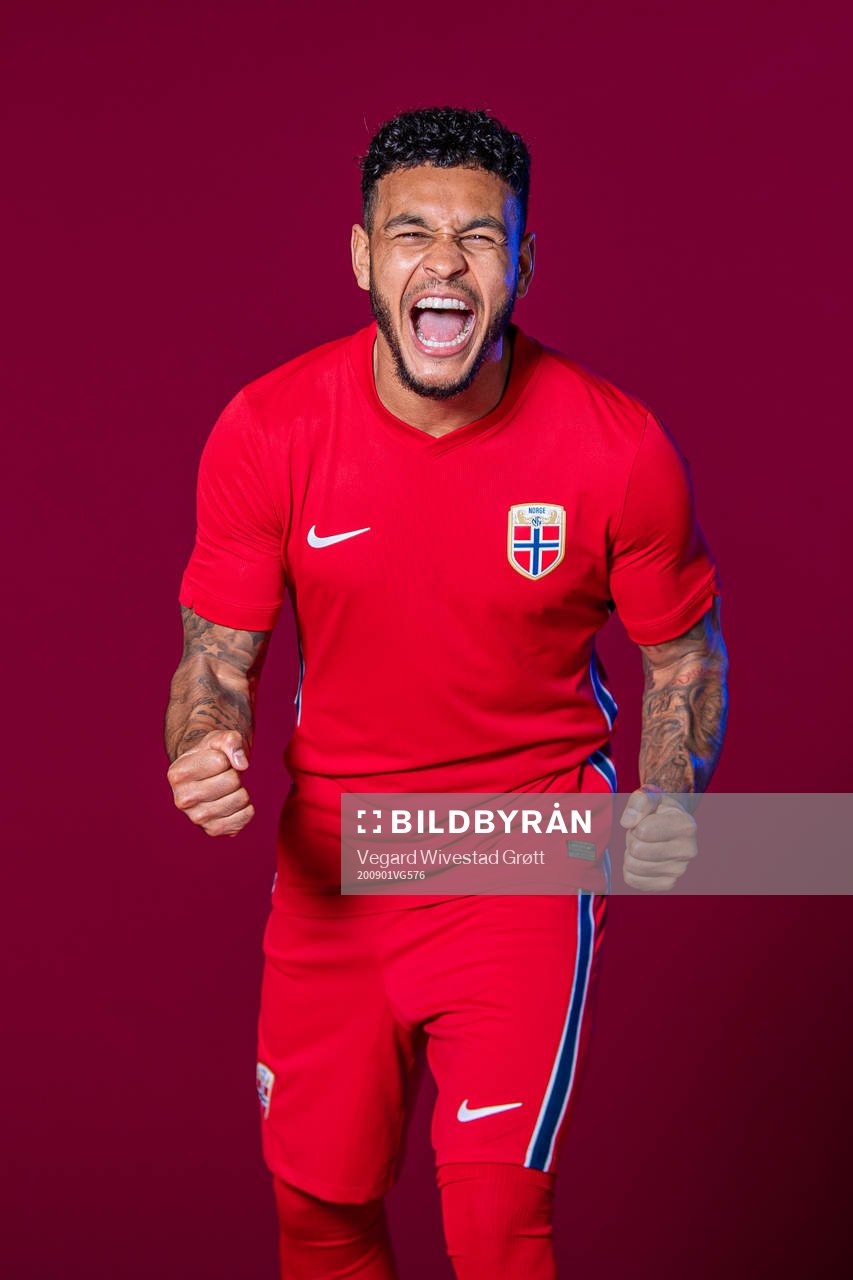 Joshua King of the Norwegian national football team poses