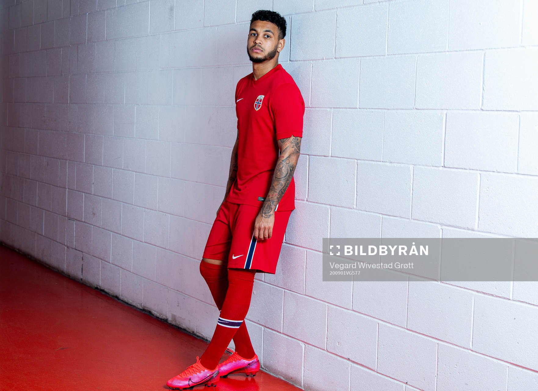 Joshua King of the Norwegian national football team poses