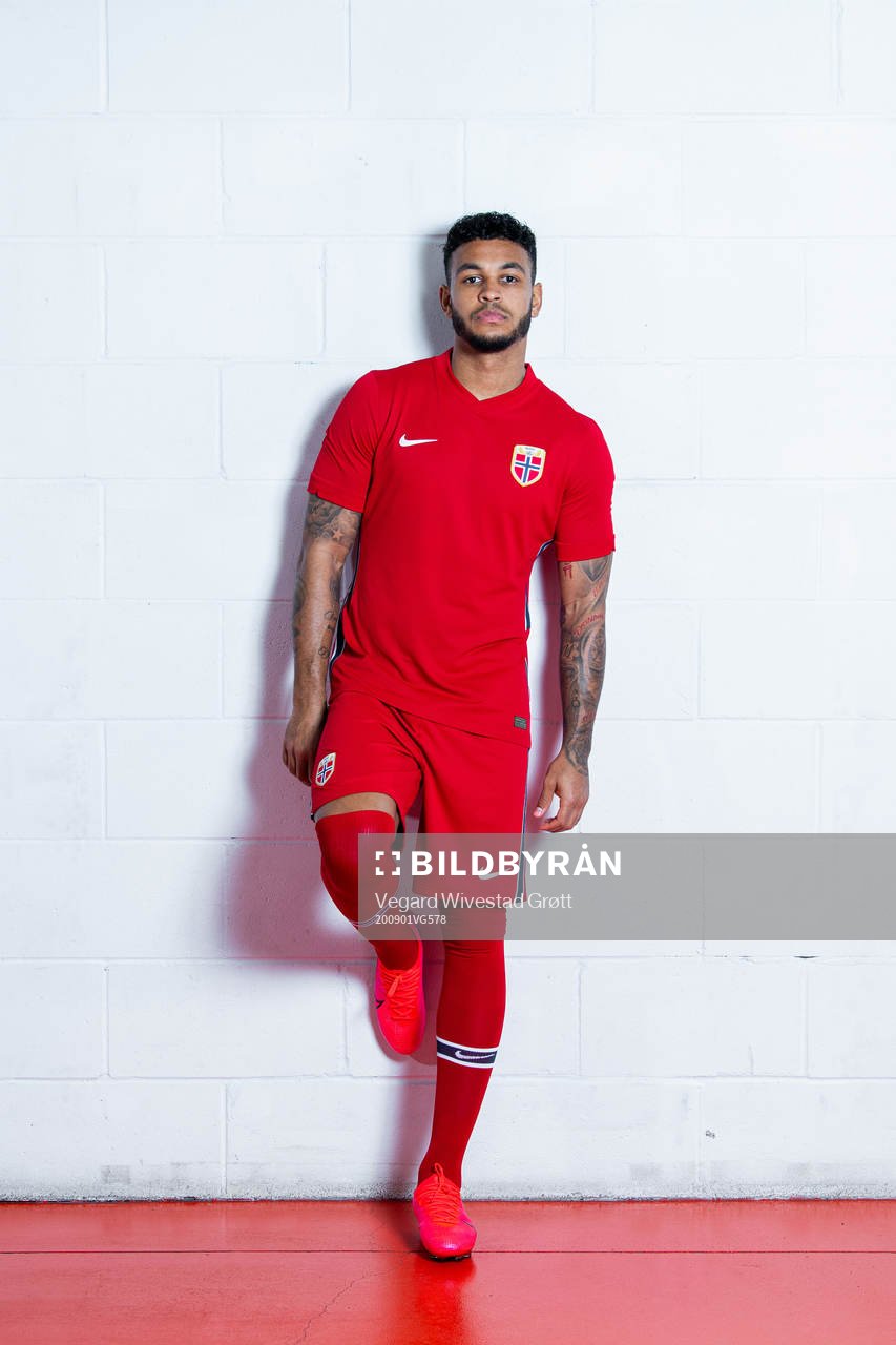 Joshua King of the Norwegian national football team poses