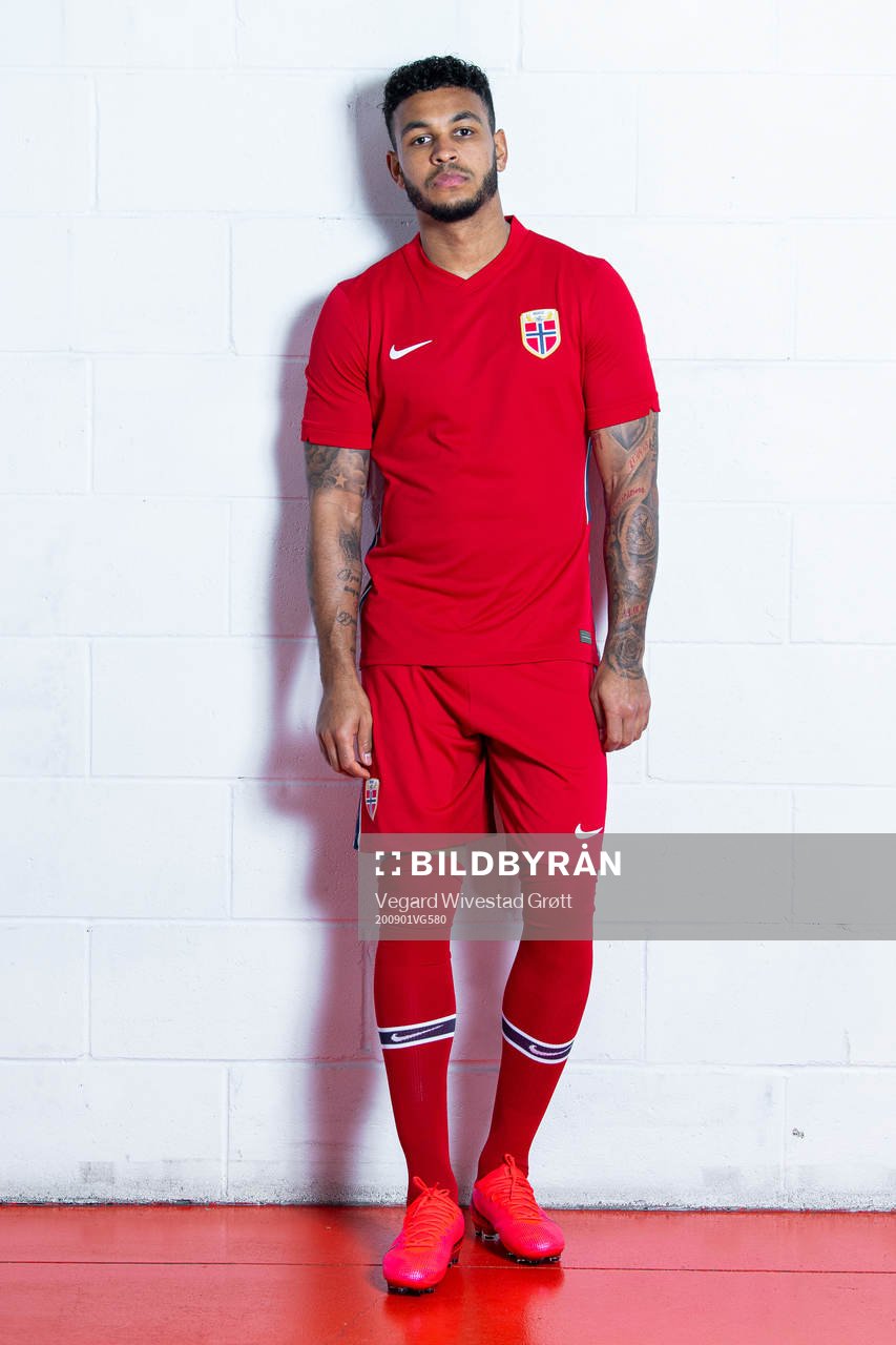 Joshua King of the Norwegian national football team poses