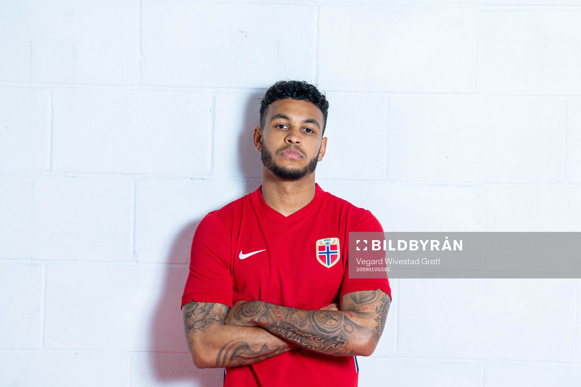 Joshua King of the Norwegian national football team poses
