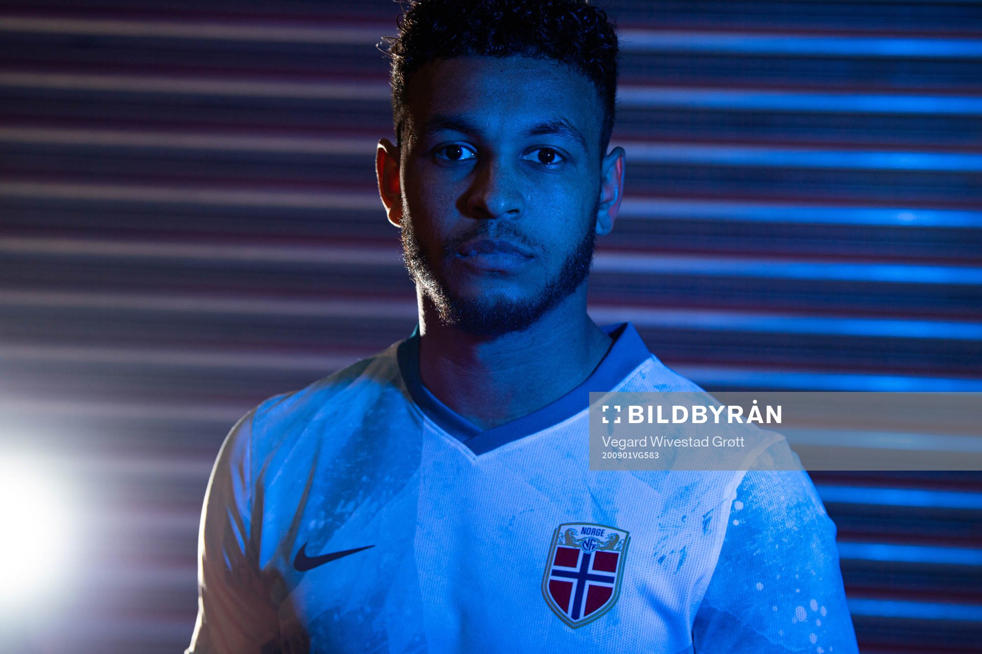 Joshua King of the Norwegian national football team poses