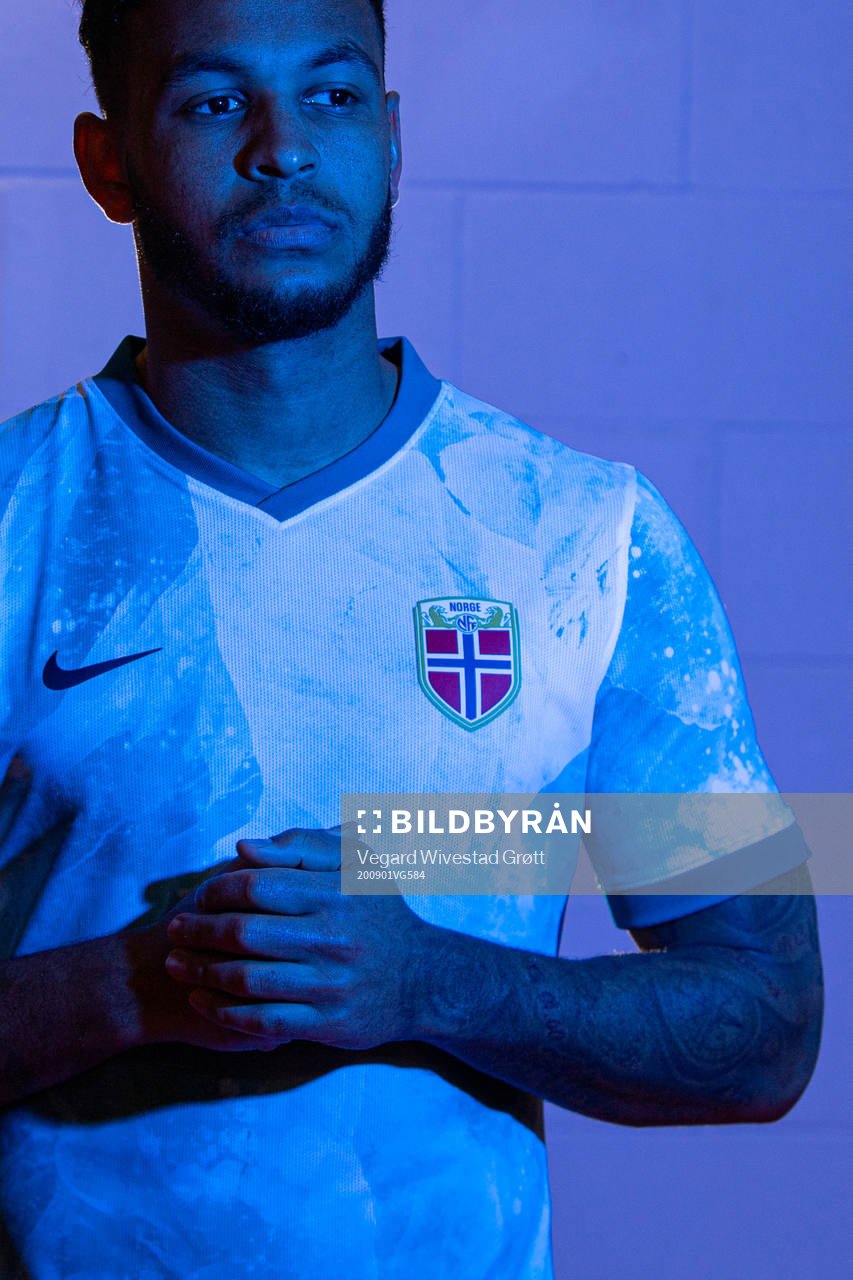 Joshua King of the Norwegian national football team poses