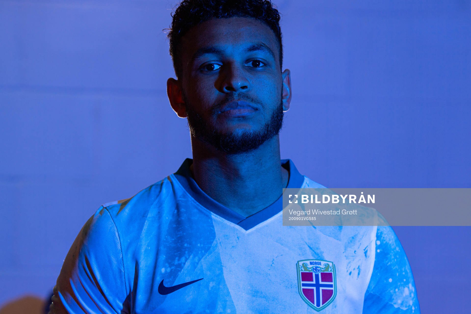 Joshua King of the Norwegian national football team poses