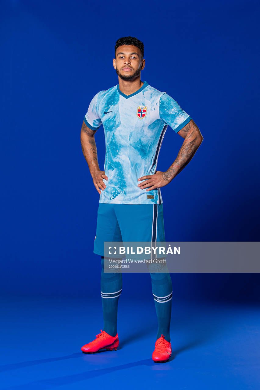 Joshua King of the Norwegian national football team poses