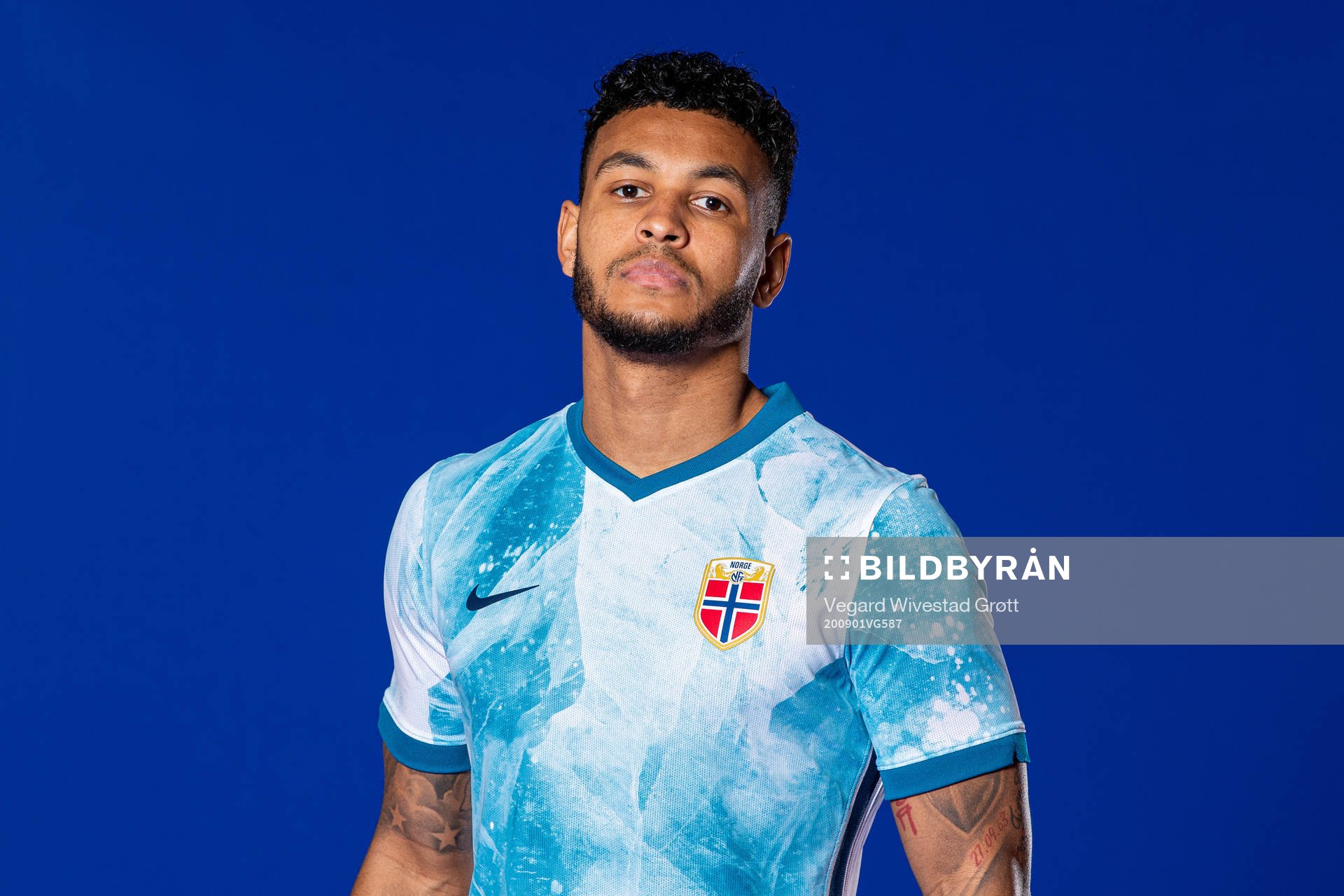 Joshua King of the Norwegian national football team poses